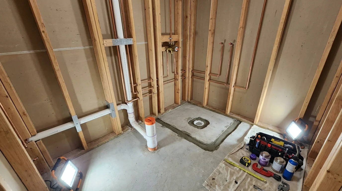 Bathroom rough-in plumbing during remodel by Johns Plumbing LLC in Karnes City