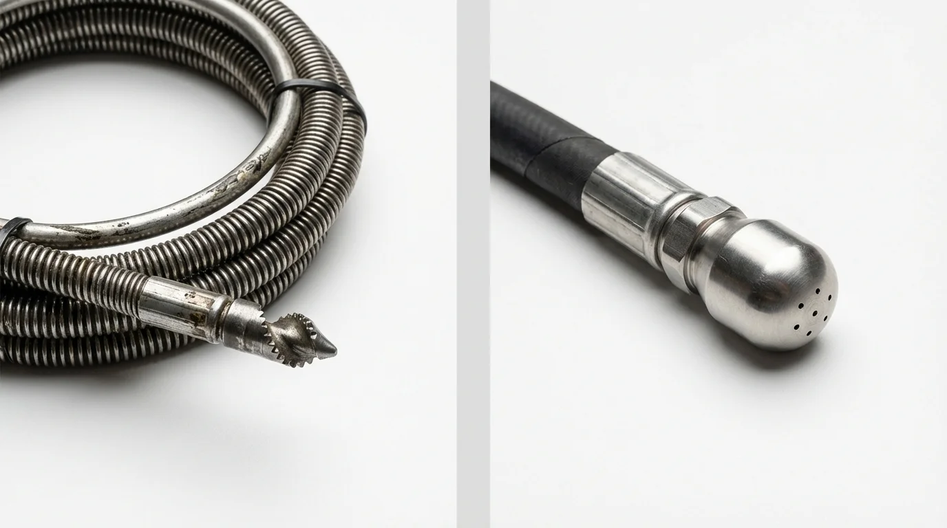 Drain snake cable and hydro jetting nozzle used for drain cleaning in Karnes City, TX