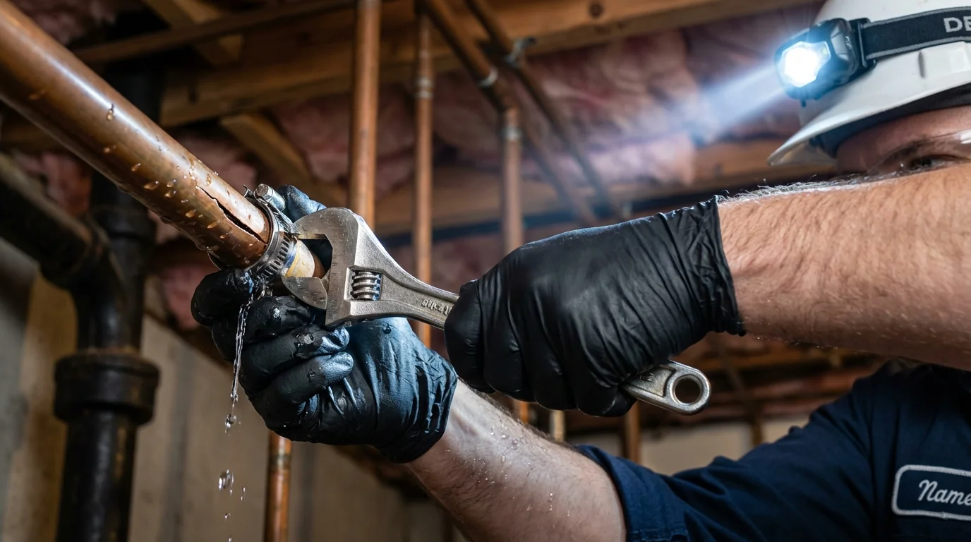 Emergency pipe clamp repair being performed by a Johns Plumbing LLC plumber in Karnes City