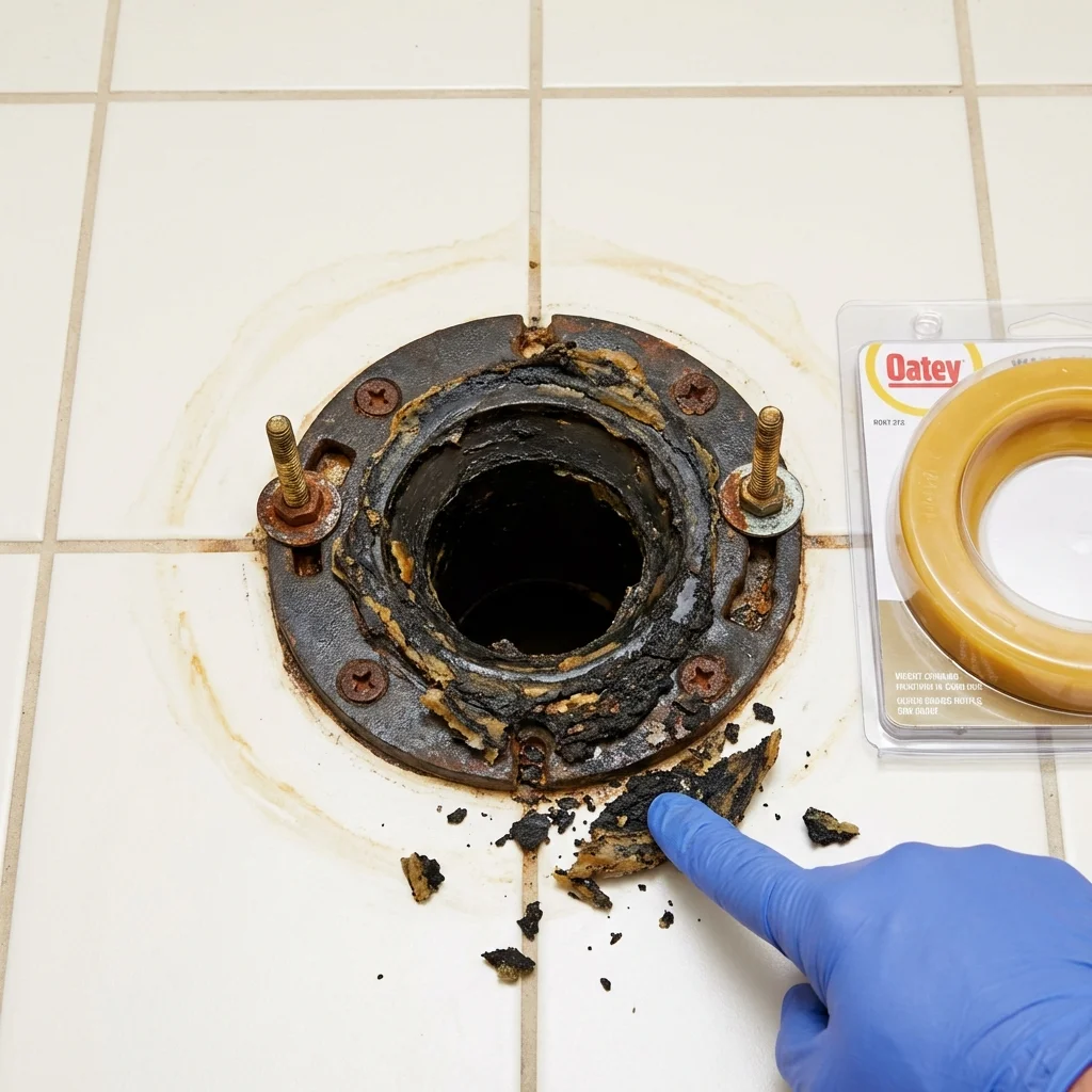 Failed wax ring showing water seepage at the base of a toilet in a Karnes City, TX home