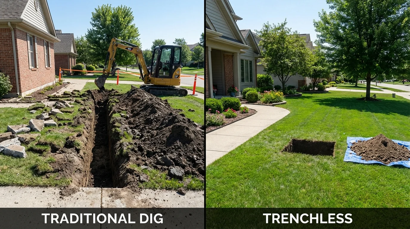 Trenchless sewer repair with minimal yard damage versus traditional excavation in Karnes City, TX