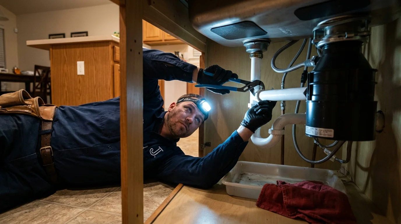 P-trap and supply line connections under a kitchen sink showing a common leak point in Karnes City, TX